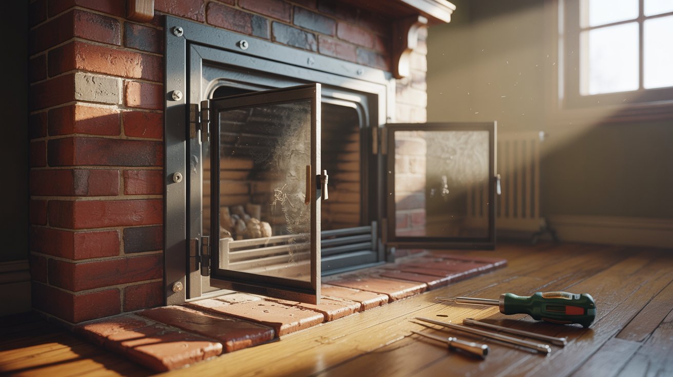 "Close-up of fireplace with glass doors being carefully removed and tools placed nearby in a safe DIY setting."