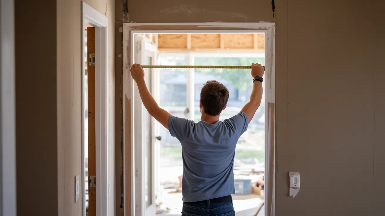 Measuring door frame opening at multiple points to ensure accurate sizing before installing trackless bifold doors.