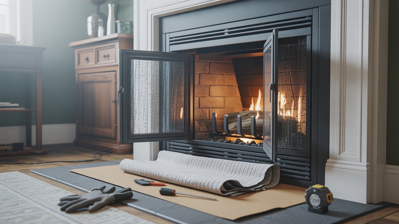 "Fireplace prepared for safe door removal with glass doors, protective covering, and tools arranged in a clean DIY setup."
