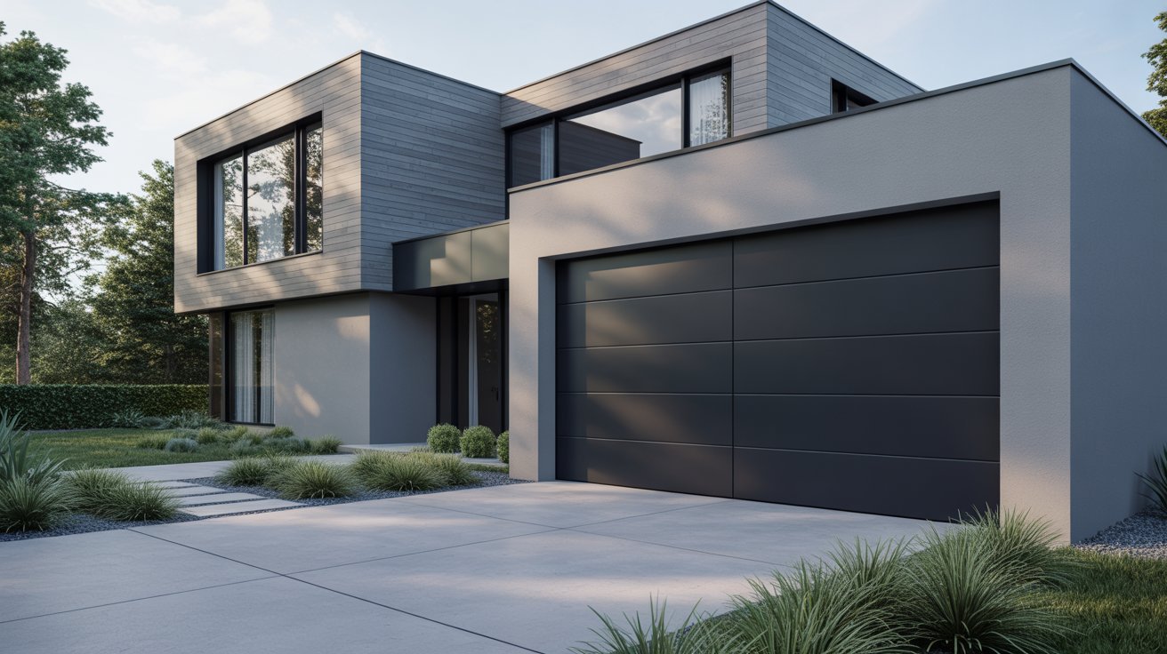 Modern grey house with a flush panel black garage door.