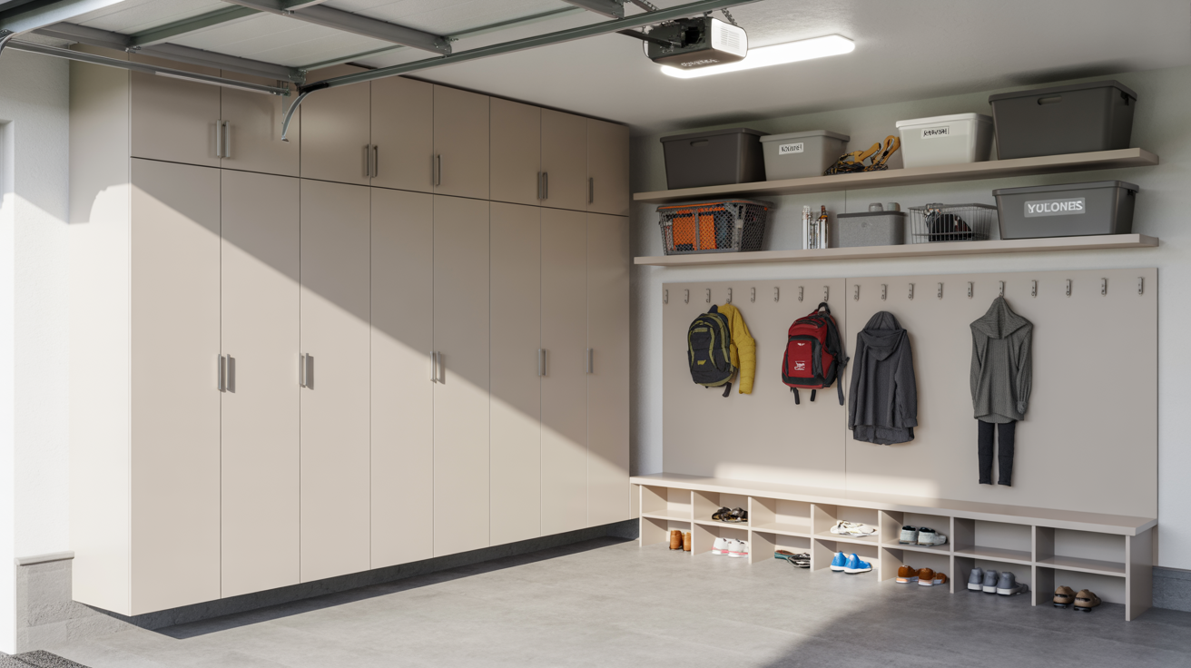 Storage cabinet ideas for a garage mudroom setup