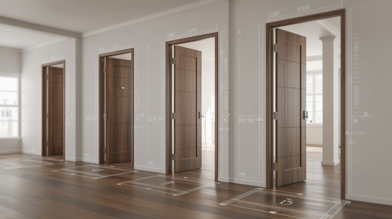 Standard residential interior hallway displaying various door widths with measuring tools and architectural details