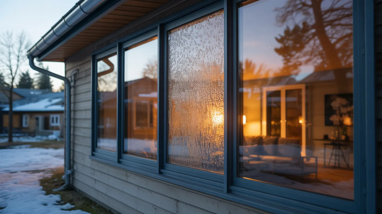 Low-E coated window glass reflecting heat back indoors to improve energy efficiency in winter.