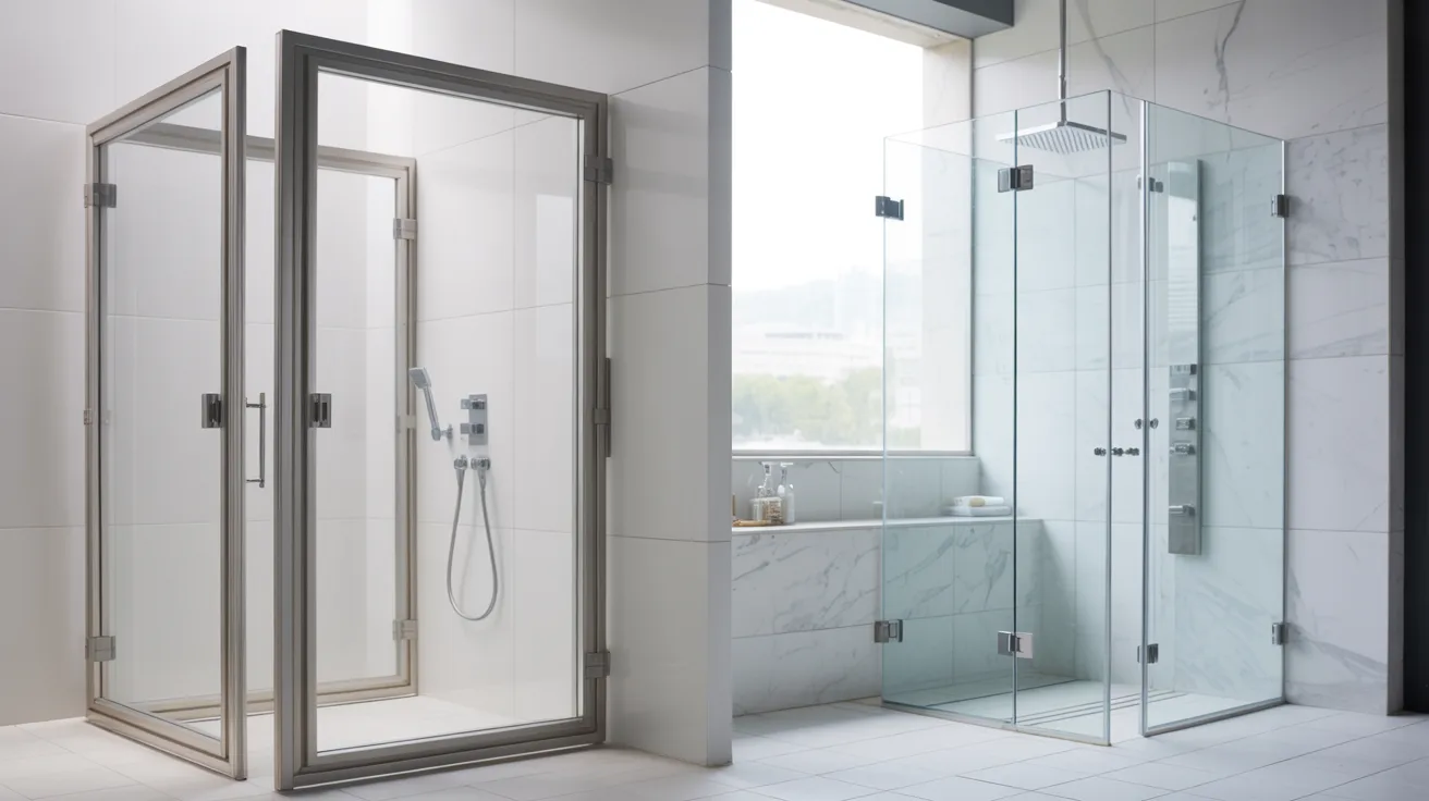 Framed shower door with maintenance areas compared to frameless easy clean glass shower door.
