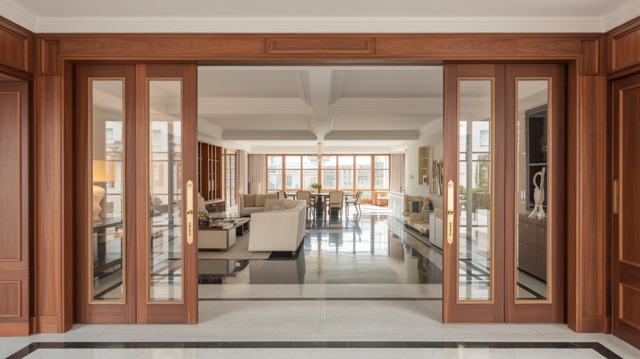 Double pocket doors opening wide between living and dining rooms in elegant home.
