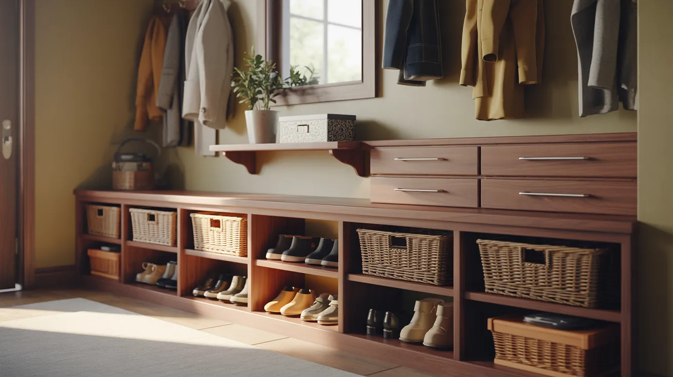 Realistic mudroom storage design showing how bench depth supports baskets, cubbies, and organized entryway storage.