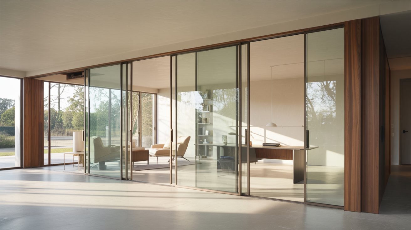 Glass pocket doors allowing natural light through modern home office and living area.