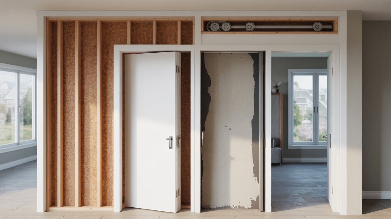 "Modern interior cutaway showing a pocket door with misaligned track, visible roller wear, sealing gaps, and recessed handle highlighting common installation problems"