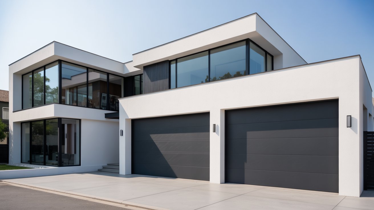 "Modern white house with matte black garage doors and minimalist contemporary exterior design."