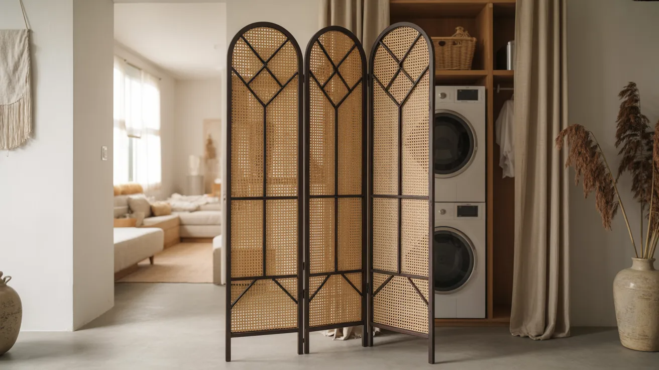 Decorative folding screen used for a laundry closet.