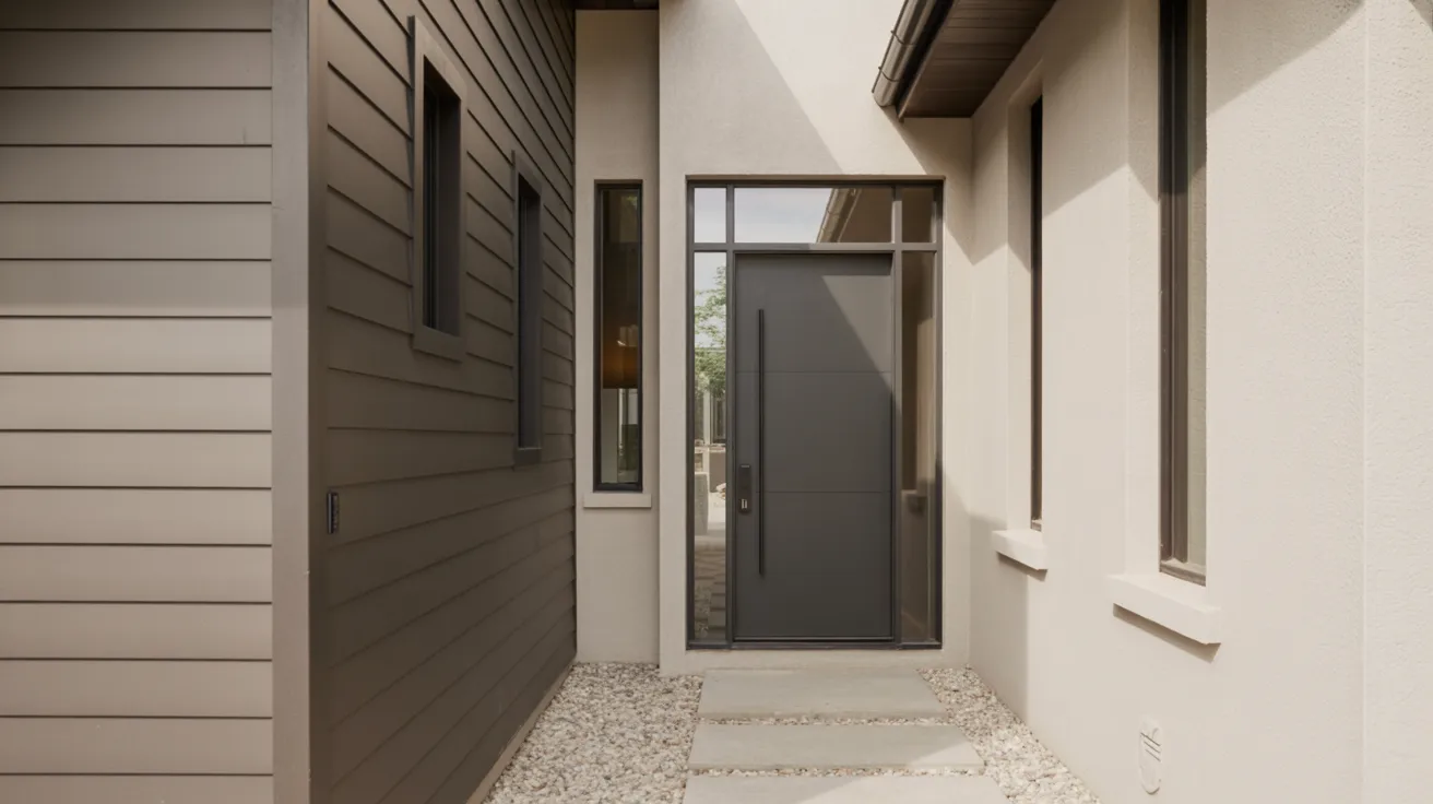 Realistic gray front door showing neutrality, balance, and perfect modern home design.
