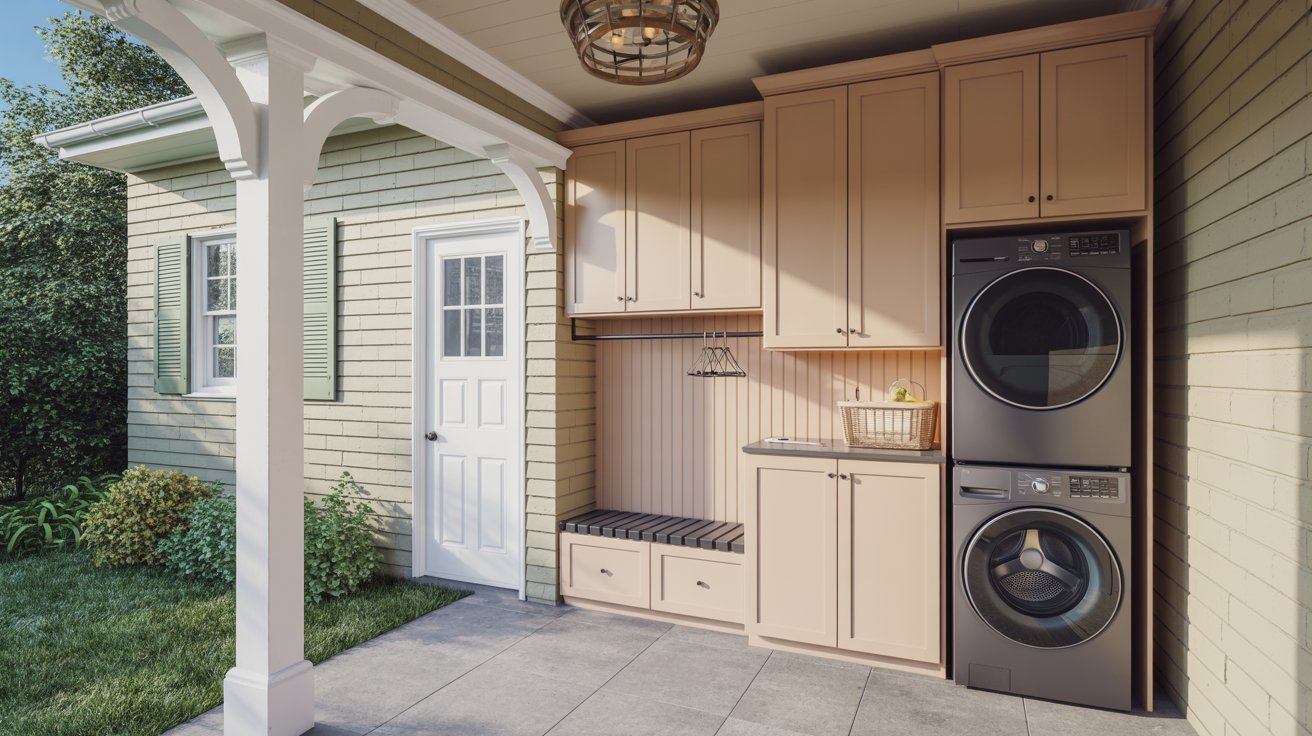 Combined laundry room and enclosed breezeway mudroom setup.