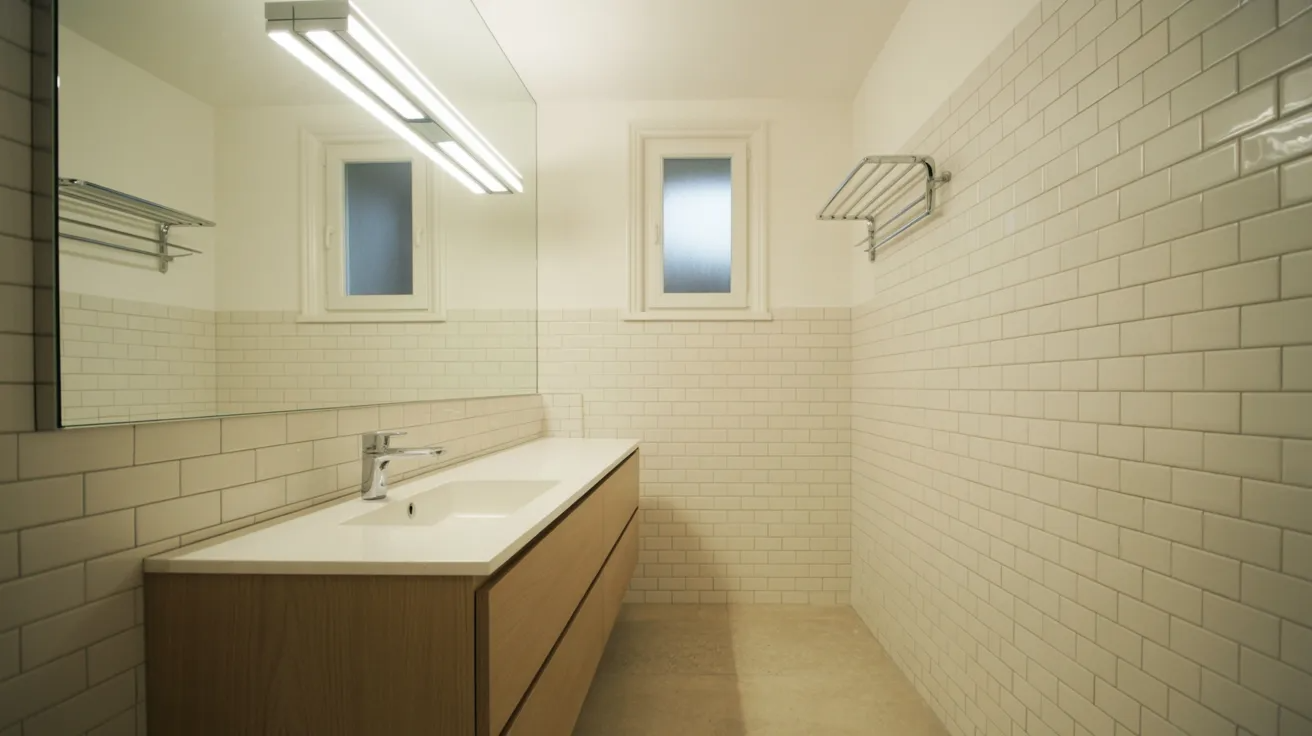 Small hallway bathroom with compact vanity, large mirror, and space-saving design.