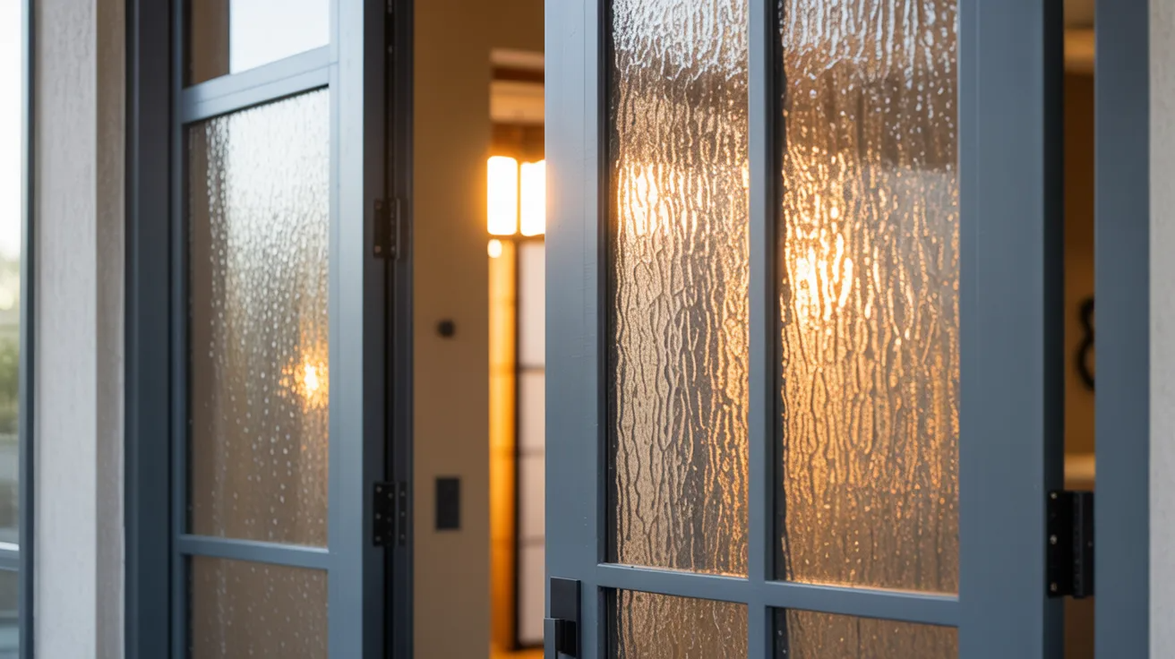 Textured etched glass entry door diffusing light for a soft glowing modern look.