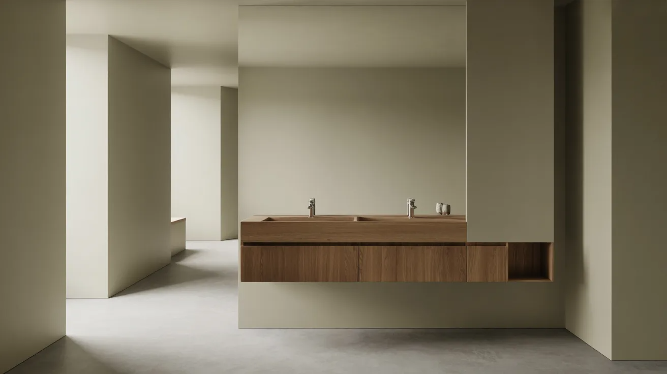Minimalist hallway bathroom with floating vanity, hidden storage, and clean neutral design.