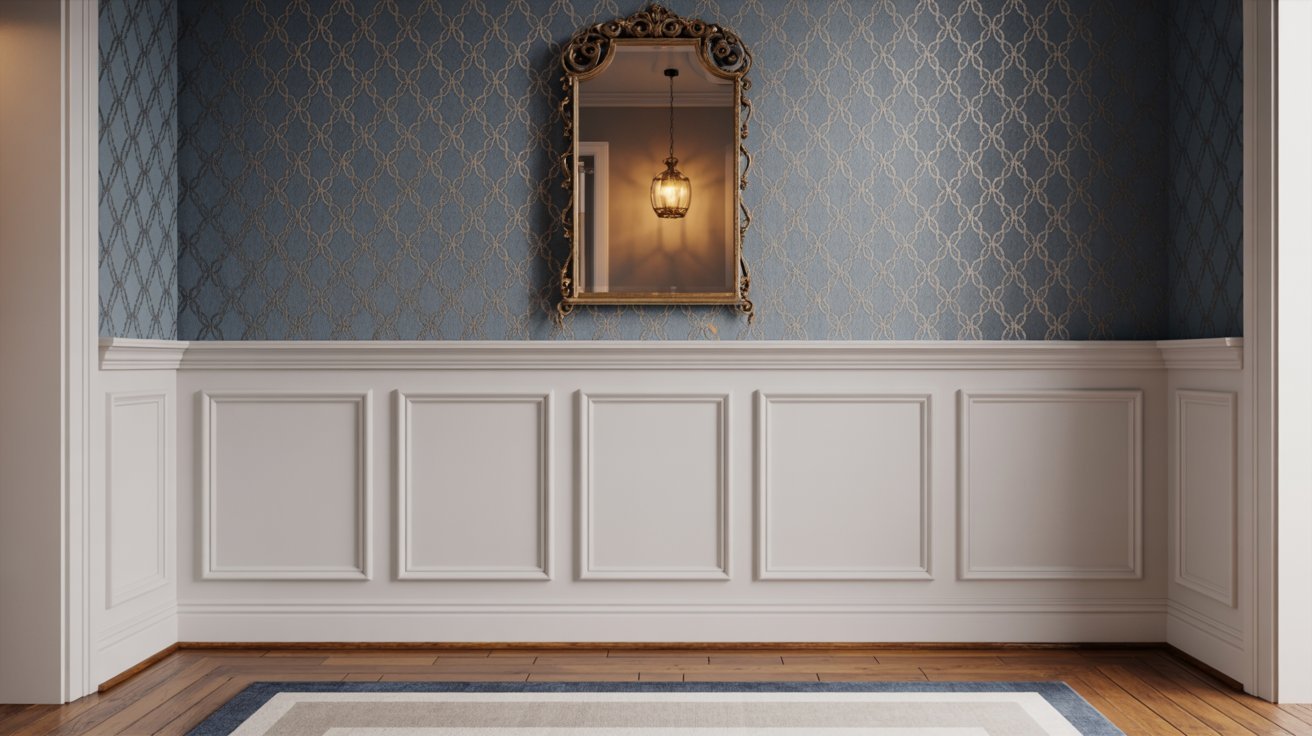 Board and batten entryway with wallpaper above, creating depth and visual interest.