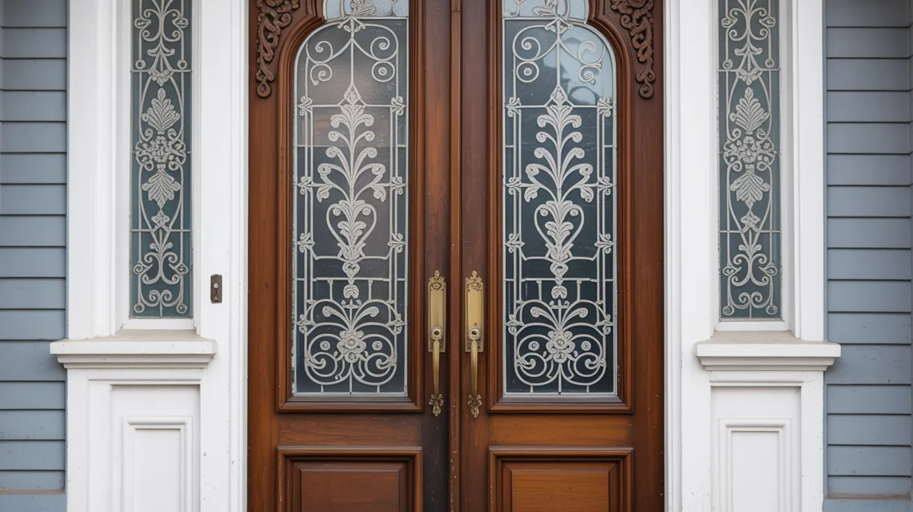 Vintage Victorian front door with detailed etched glass and ornate decorative patterns.