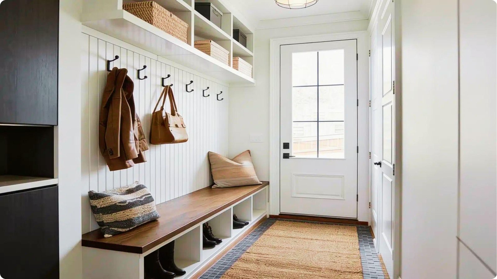 Modern mudroom with wood bench, black hooks, and white cubbies for shoe storage.