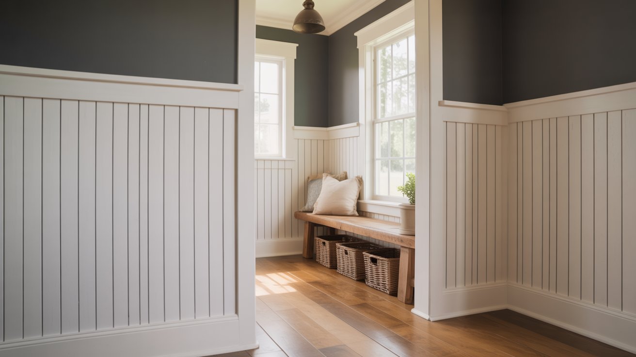 Modern farmhouse board and batten entryway with minimalist styling.