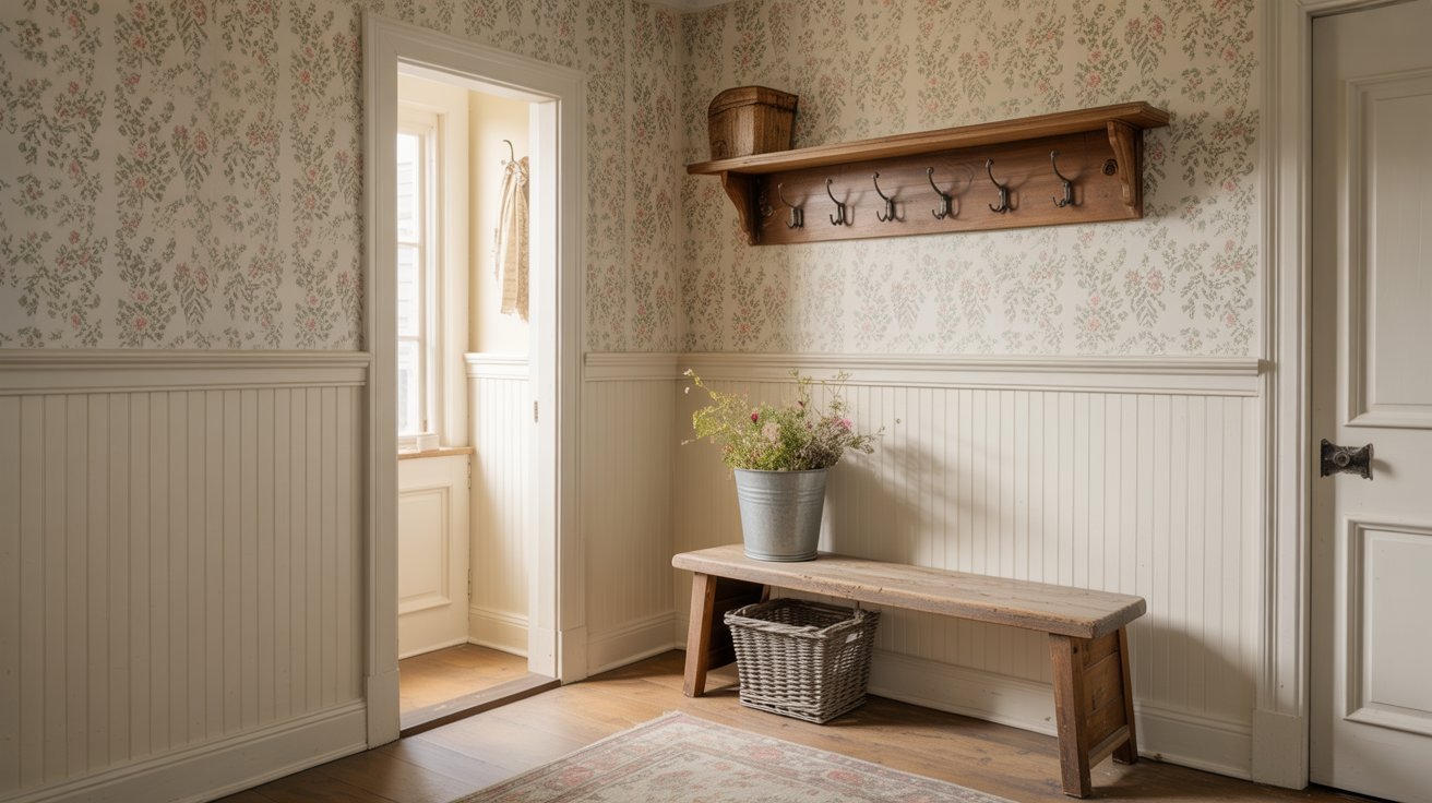 Farmhouse entryway with wallpaper and board and batten accent wall.