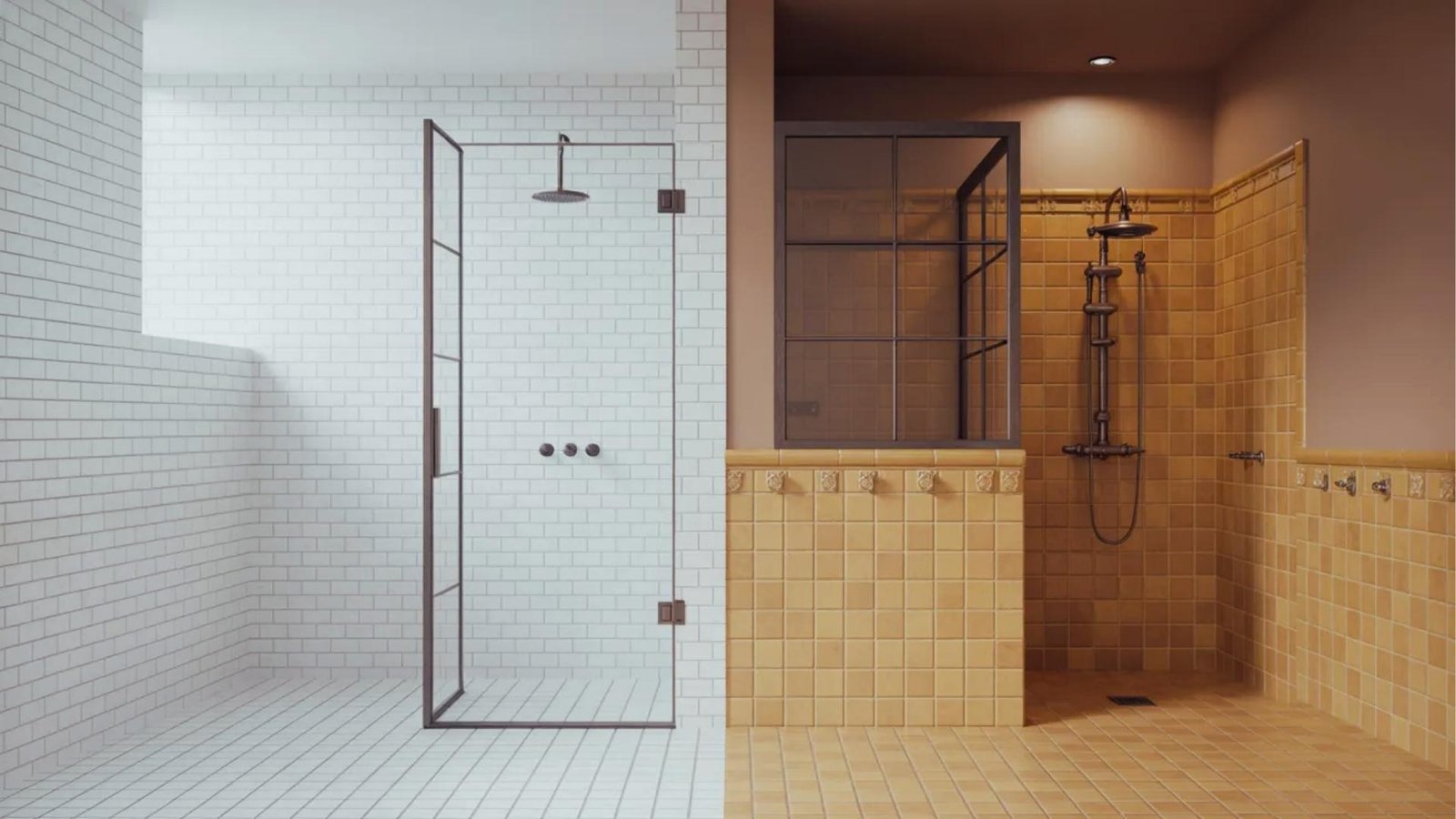Modern frameless shower design showing style contrast compared to traditional bathroom with framed shower door.