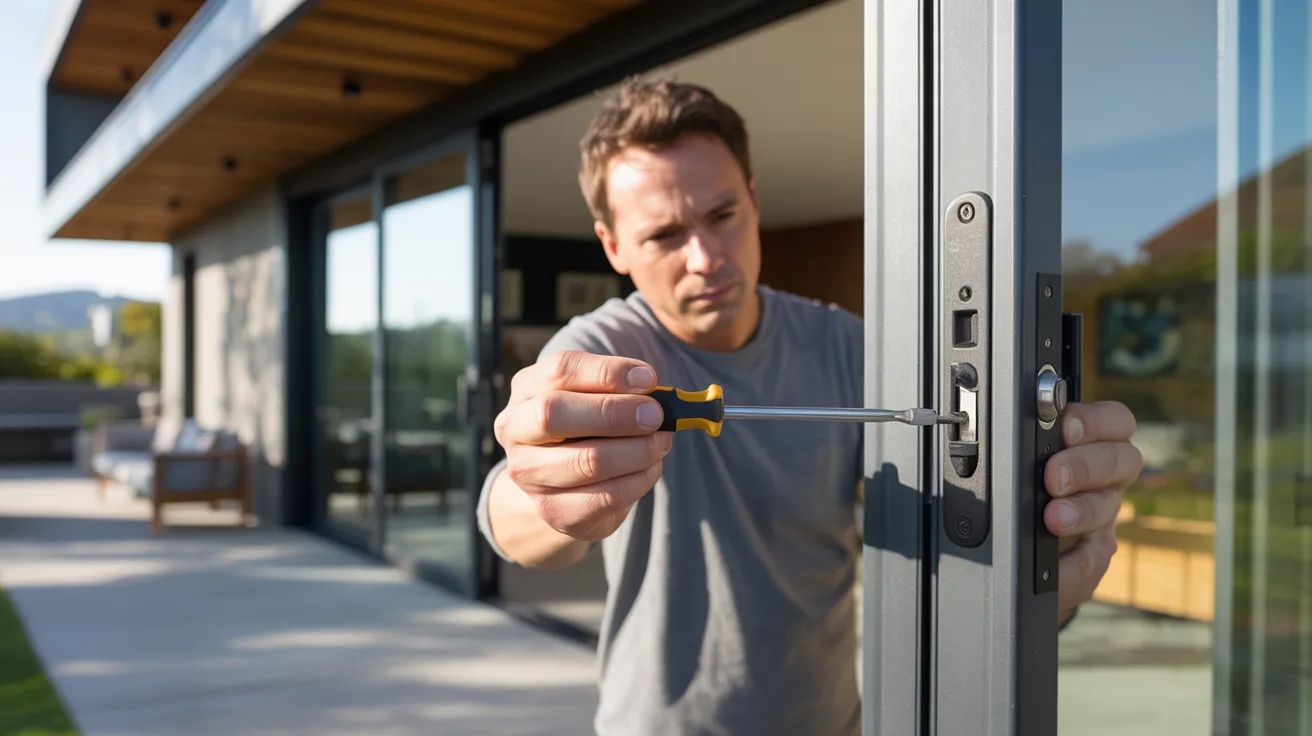 Homeowner unlocking a sliding glass door from outside on a modern patio