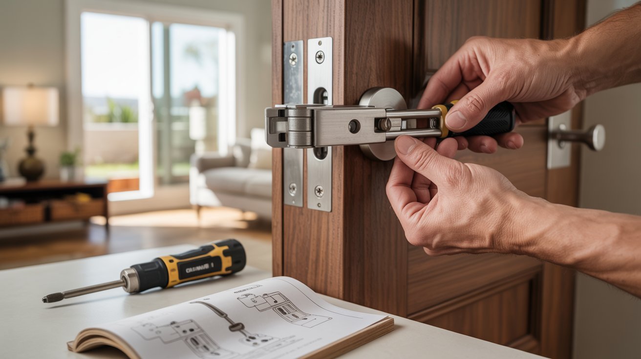 "Homeowner attaching and adjusting hydraulic door closer arm on wooden door, aligning metal linkage according to instructions in a modern entryway scene"