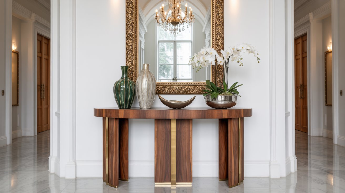 Large foyer featuring a tall decorative entryway table.