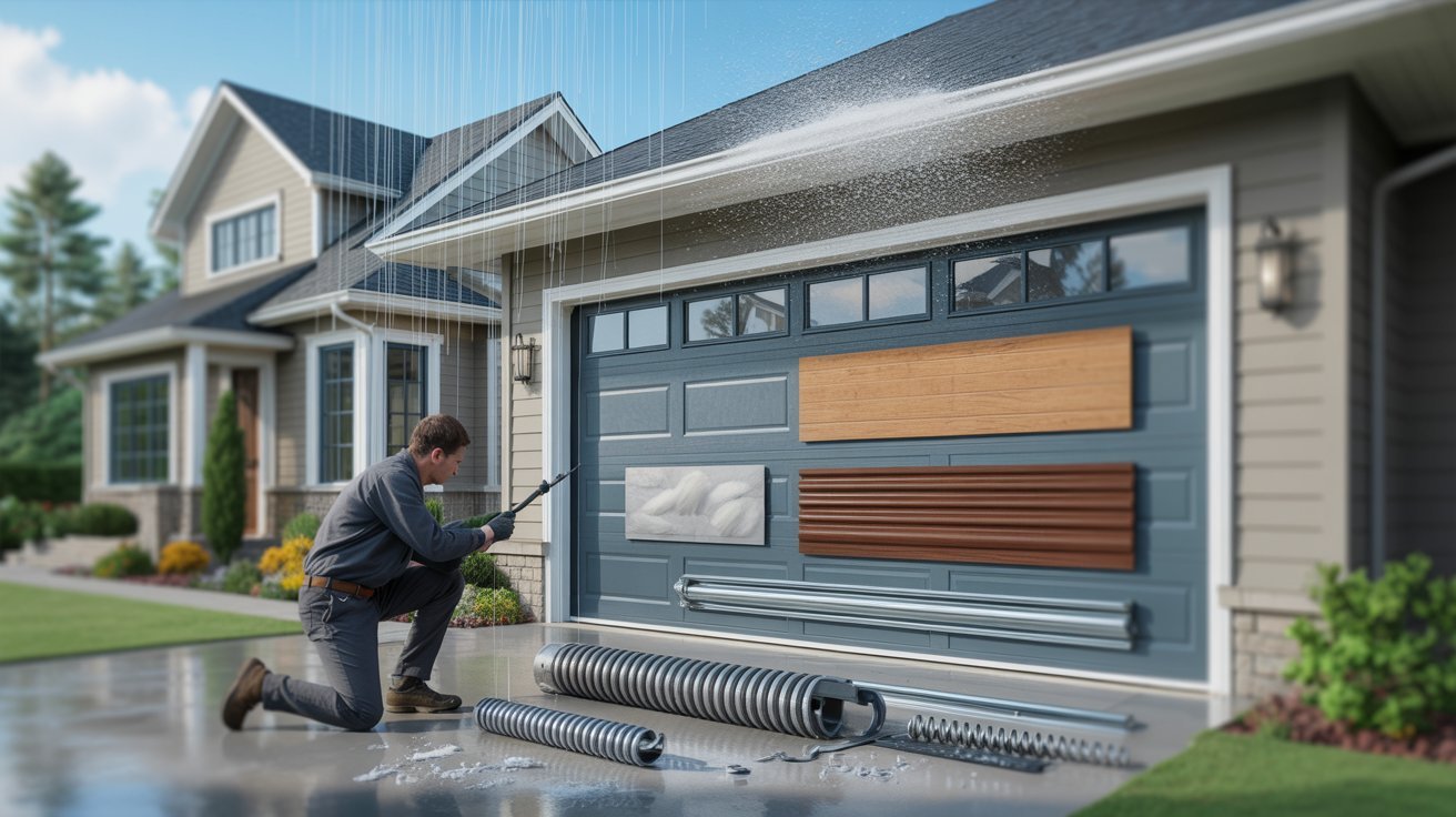 Garage door lifespan factors including materials, maintenance, weather, installation quality, and springs