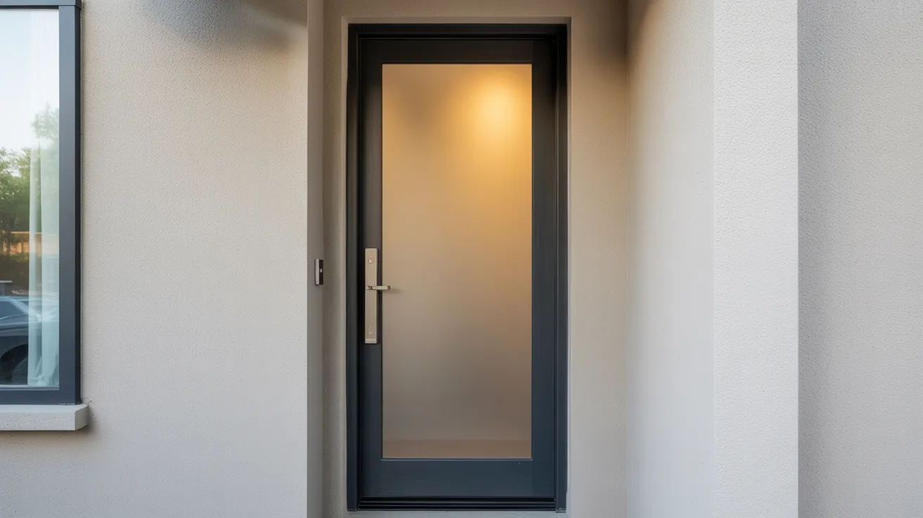 Front entry door with sandblasted frosted glass providing privacy while allowing soft natural light.