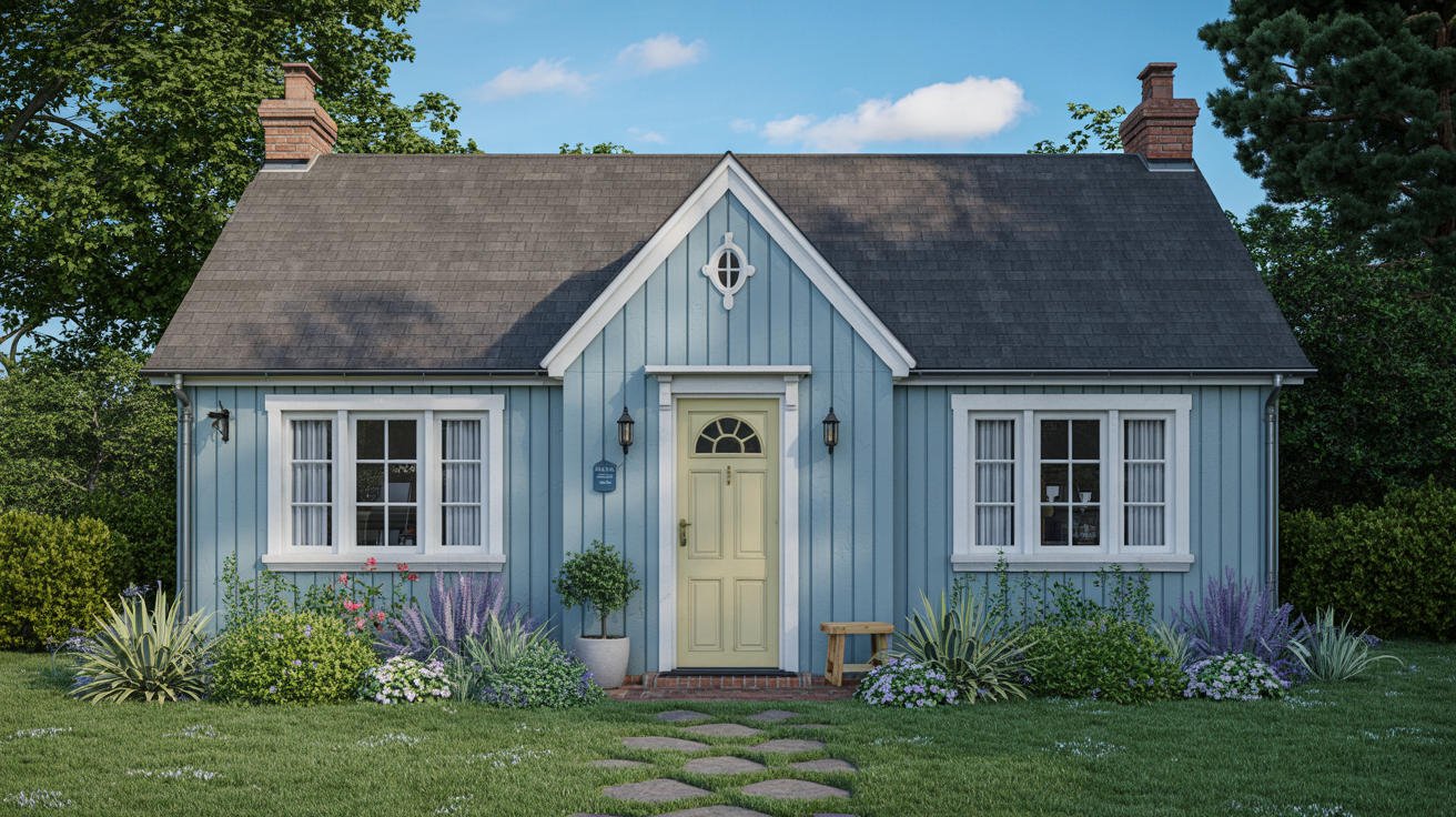 Blue cottage exterior with a warm cream-colored front door.