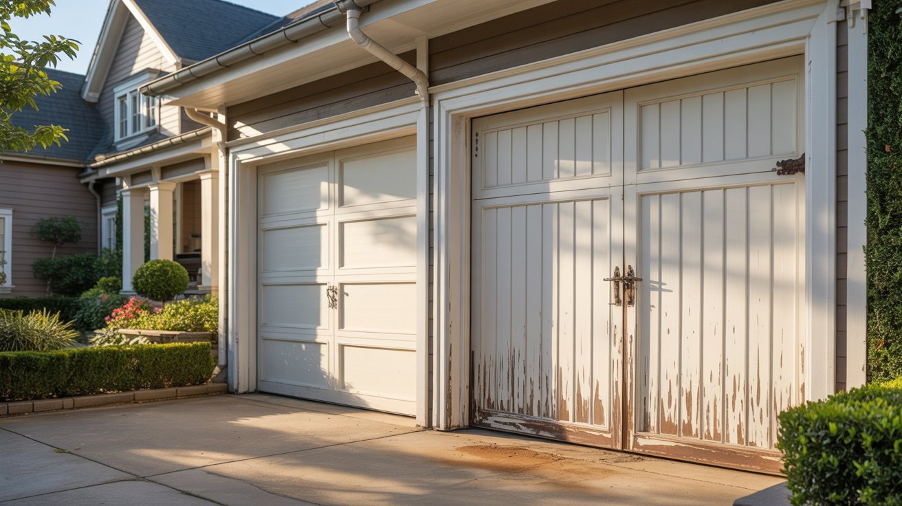 Garage door lifespan comparison showing new and weathered residential garage doors beside suburban home