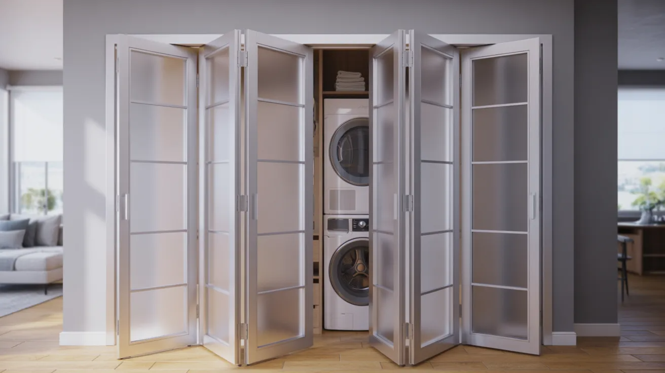 Accordion folding doors covering a laundry closet.