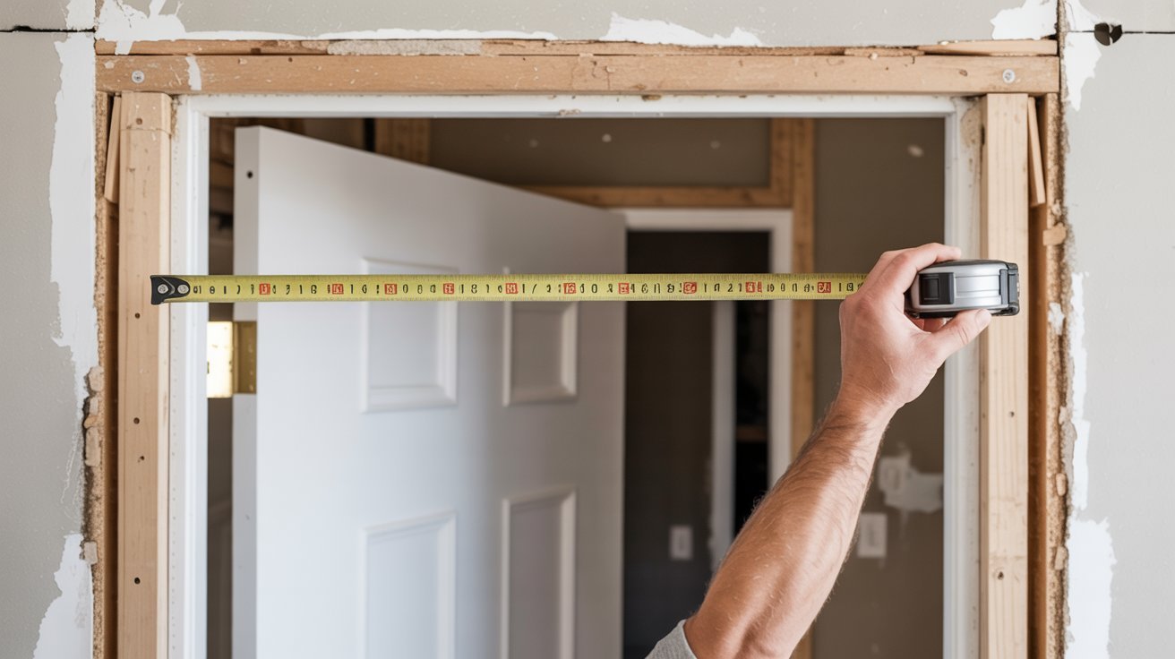 Measuring rough opening dimensions after exposing frame for accurate door installation.