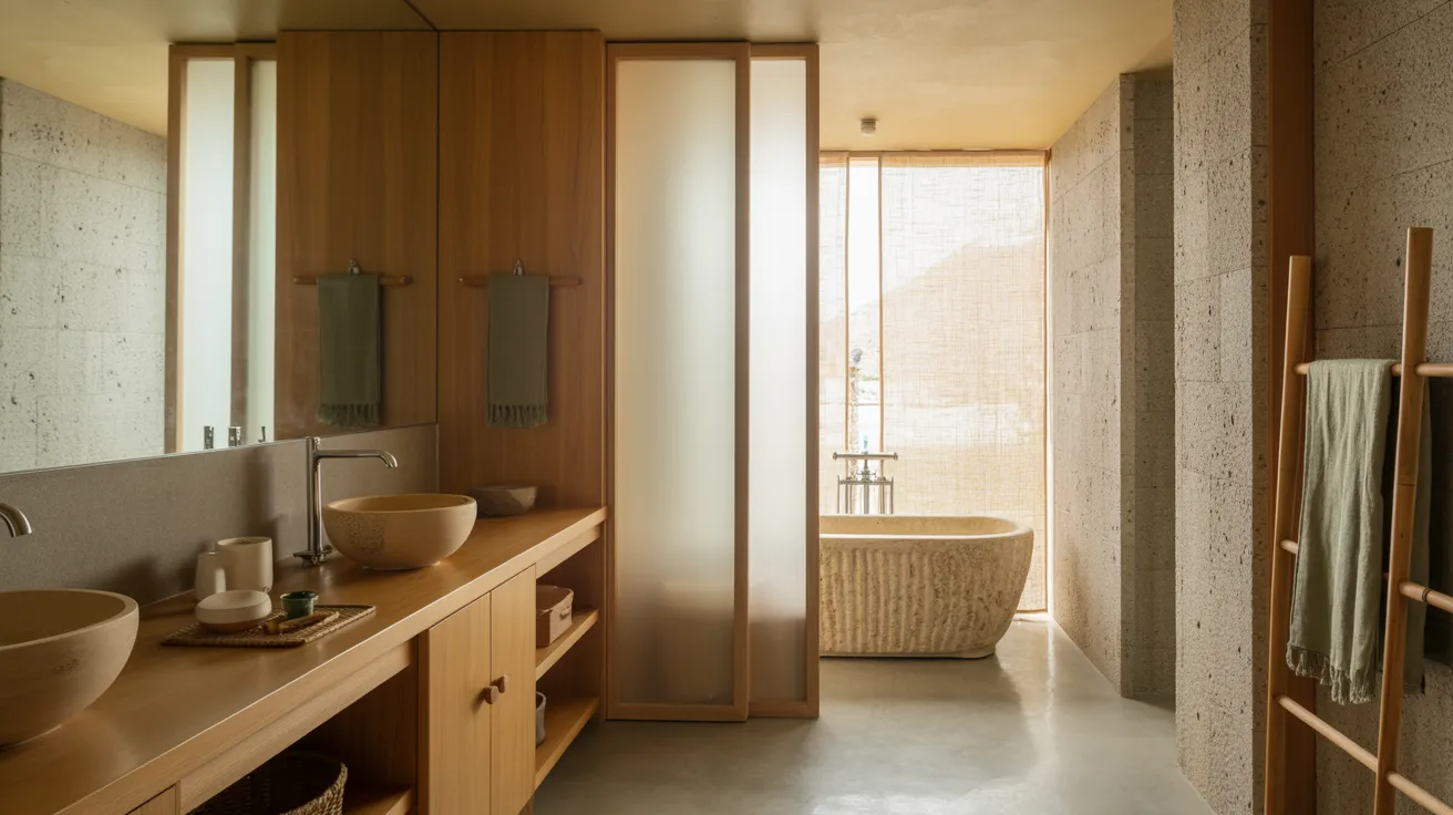 Japandi hallway bathroom with wood, stone, and calm minimalist spa feel.
