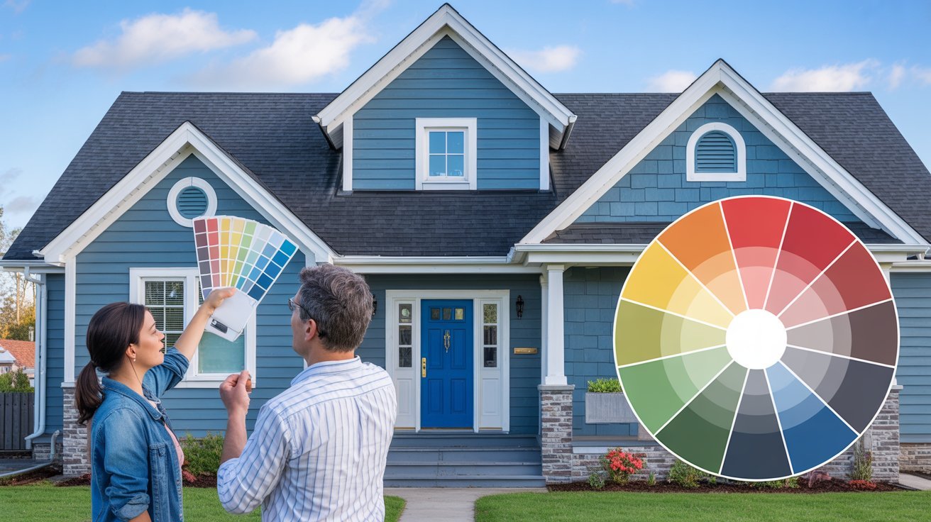 Blue house with a standout front door illustrating the impact of color choice on curb appeal.