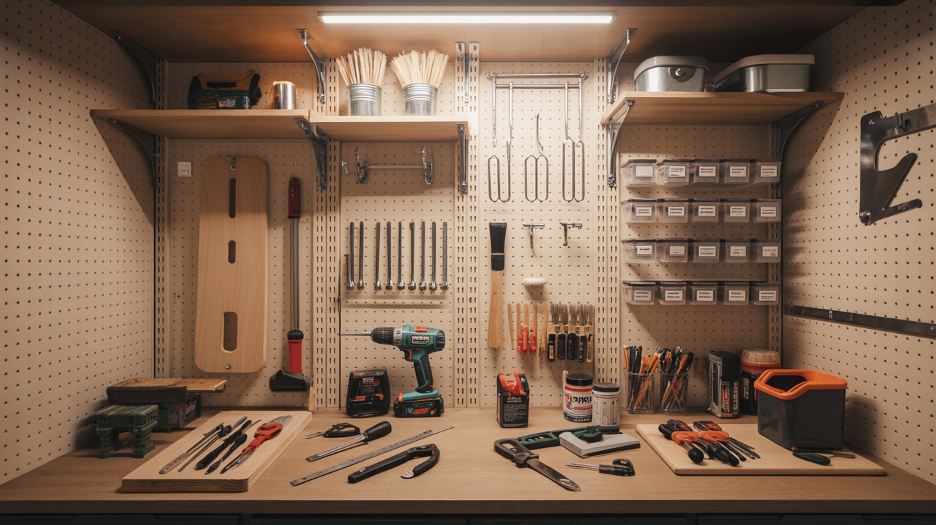 Essential tools and materials for a DIY mudroom project.