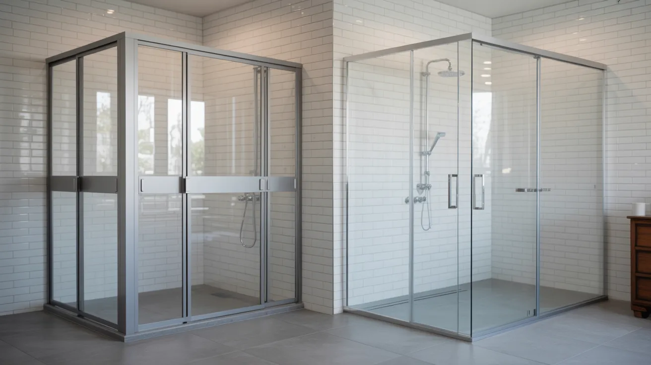 Framed budget shower door compared with premium frameless glass shower highlighting cost and quality differences.