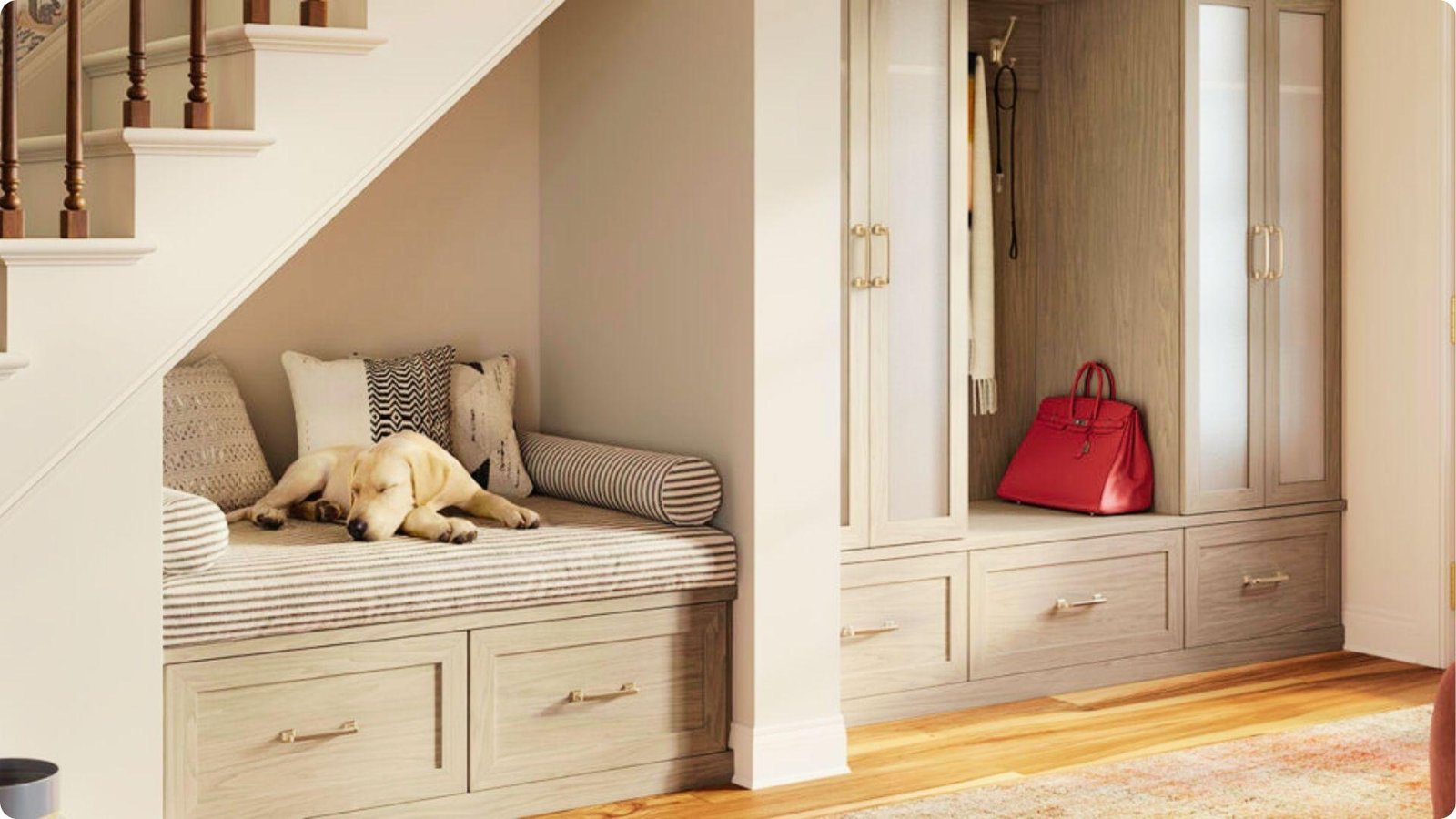 The space under the stairs is converted into a cozy dog nook with striped cushions next to a tall entryway cabinet.