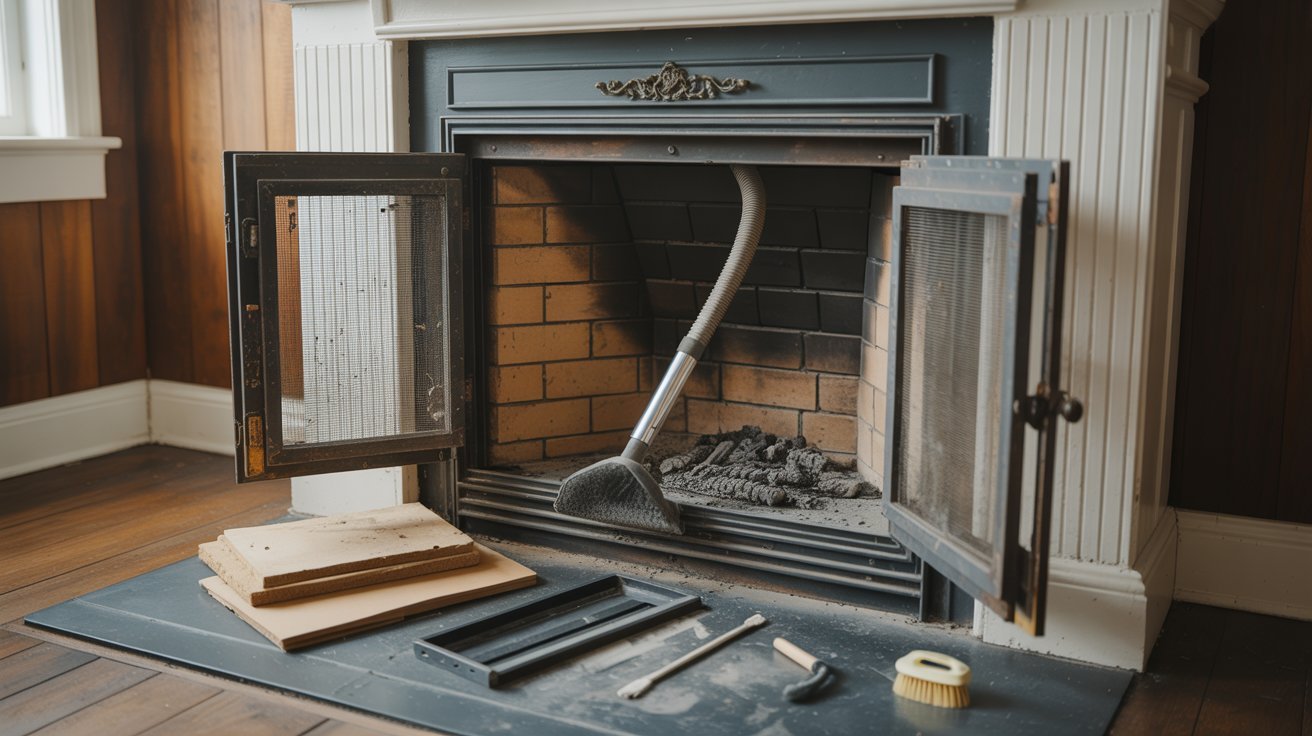 "Cleaned fireplace opening after frame removal with soot vacuumed and tools arranged for final inspection and preparation."