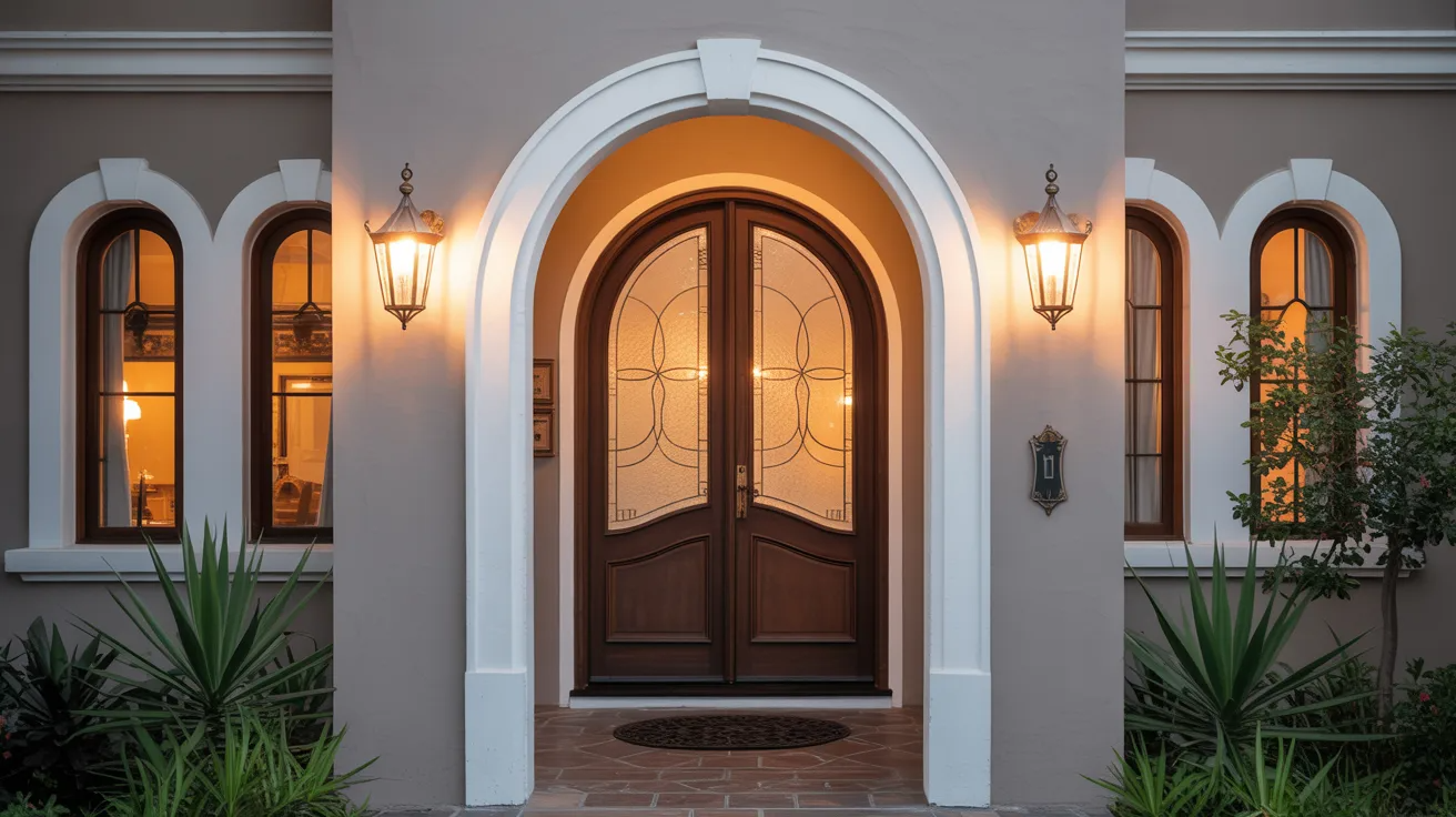 Arched entry door with etched glass enhancing a classic and elegant architectural design.