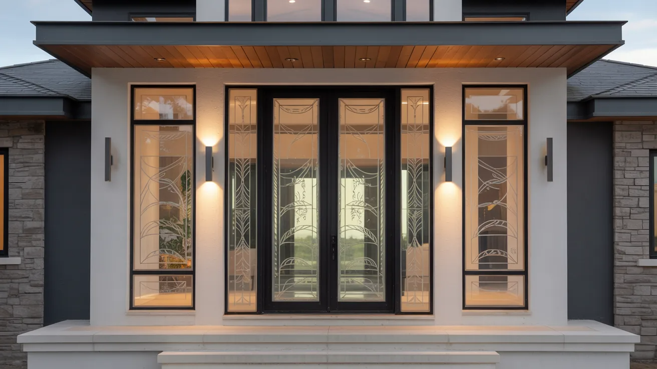 Front door with side etched glass panels adding light and privacy to the entryway.