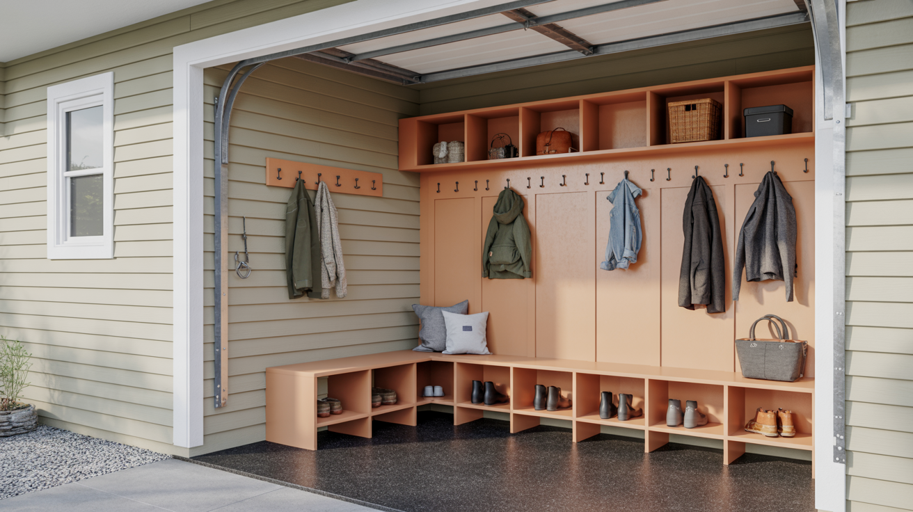 Garage corner converted into a practical mudroom with bench storage and wall hooks