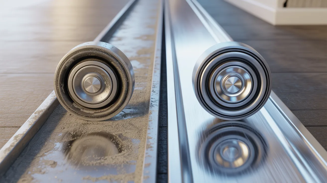 Realistic side-by-side comparison of worn sliding door parts versus new replacement rollers and straight track.