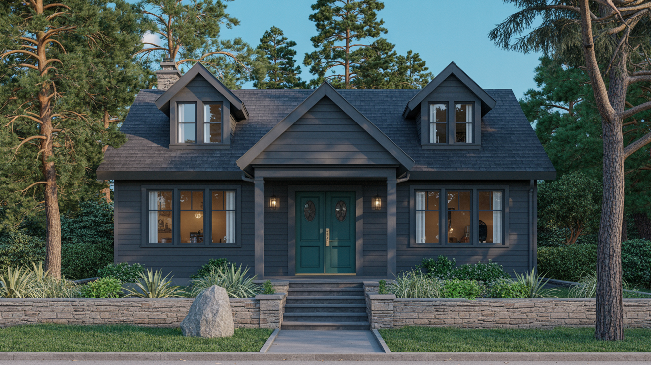 Dark blue house with a forest green front door.