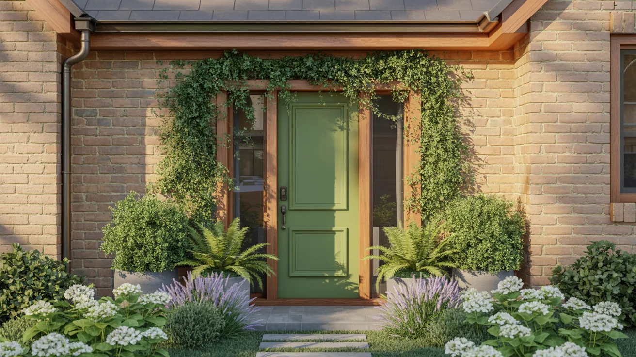 Realistic green front door symbolizing growth, balance, and natural harmony in home design.