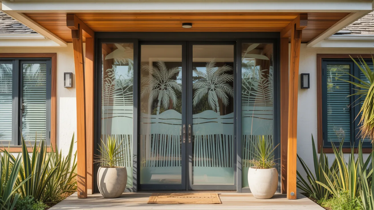 Entry door with tropical palm tree etched glass giving a relaxed coastal home feel.