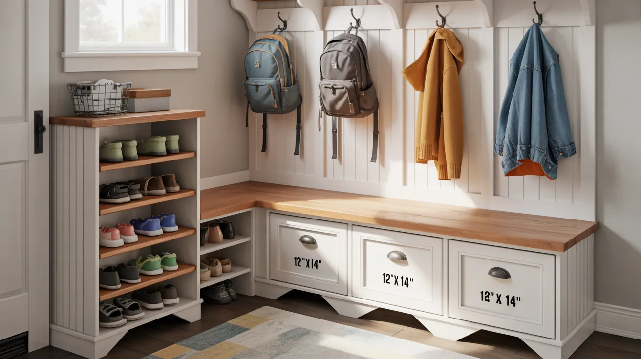 Mudroom bench with shoe storage, drawers, cubbies, and hooks showing recommended storage dimensions.