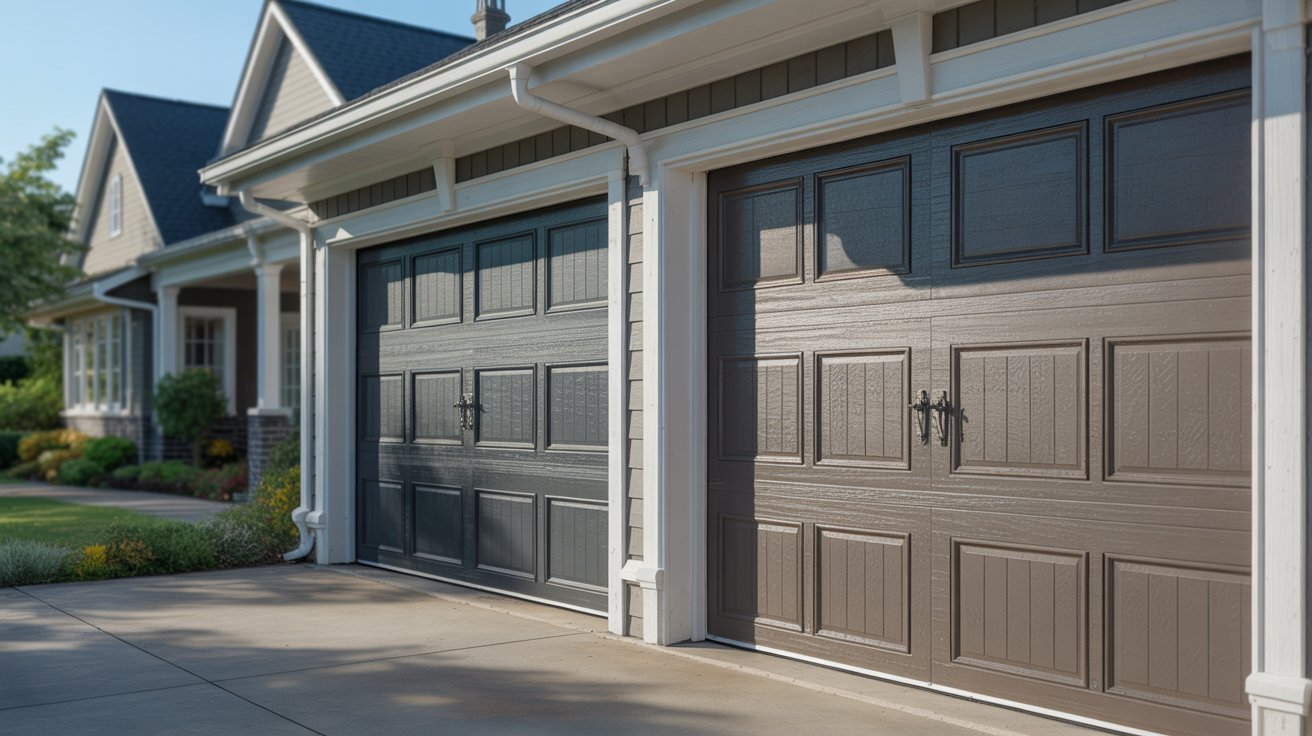 Garage door lifespan illustration featuring maintained residential doors, aging components, and durable materials