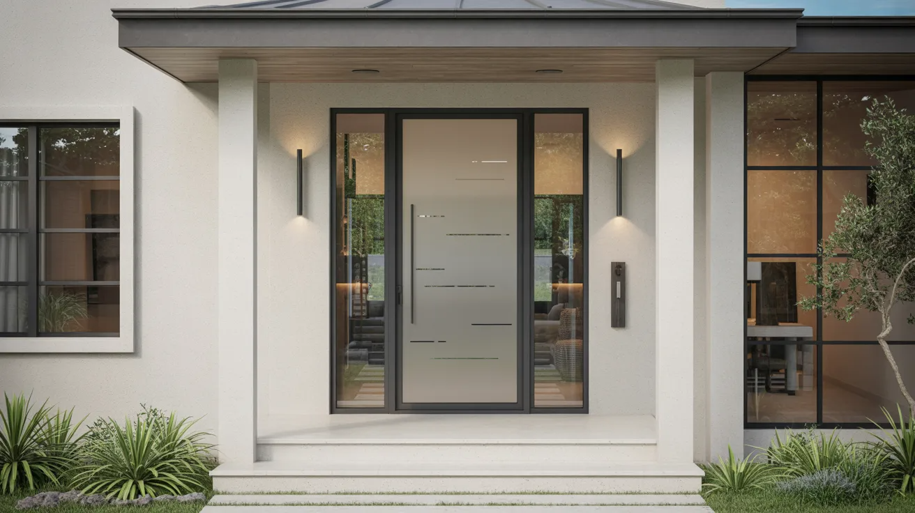Modern entry door with minimalist etched line patterns on glass for a clean, structured look.